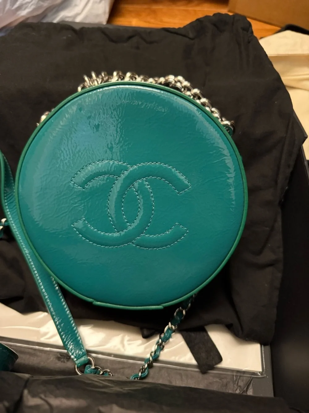 CHANEL ROUND AS EARTH GREEN PATENT LEATHER BAG
